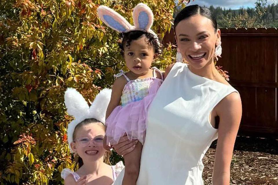 <p>Alyssa Scott/Instagram</p> Alyssa Scott posed on Easter with daughters Halo Marie and Zeela.