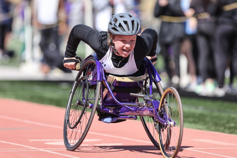 Randall’s Tahlie Brandt wins the Mixed 400 Meter Dash Wheelchair in the Amarillo Relays, March 25, 2023, at Dick Bivins Stadium, in Amarillo, Texas.