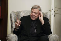 Cardinal George Pell answers' a journalists question during an interview with the Associated Press inside his residence near the Vatican in Rome, Monday, Nov. 30, 2020. The pope’s former treasurer, who was convicted and then acquitted of sexual abuse in his native Australia, said Monday he feels a dismayed sense of vindication as the financial mismanagement he tried to uncover in the Holy See is now being exposed in a spiraling Vatican corruption investigation. (AP Photo/Gregorio Borgia)