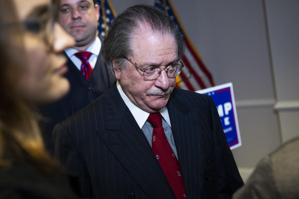 Joseph diGenova, attorney for President Donald Trump, concludes a news conference at the Republican National Committee on lawsuits regarding the outcome of the 2020 presidential election on Thursday, November 19, 2020. (Photo By Tom Williams/CQ-Roll Call, Inc via Getty Images)