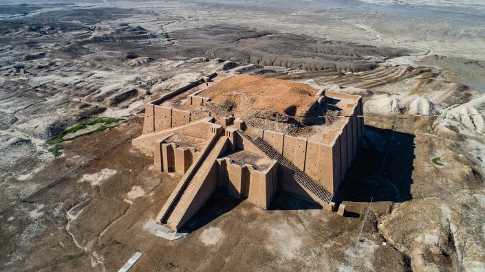 An aerial photo shows archeological site of the 6,000-year-old archaeological site of Ur during the preparations for Pope Francis' visit near Nasiriyah, Iraq, Saturday, March 6, 2021. Pope Francis arrived in Iraq on Friday to urge the country's dwindling number of Christians to stay put and help rebuild the country after years of war and persecution, brushing aside the coronavirus pandemic and security concerns to make his first-ever papal visit. (AP Photo/Nabil al-Jourani)