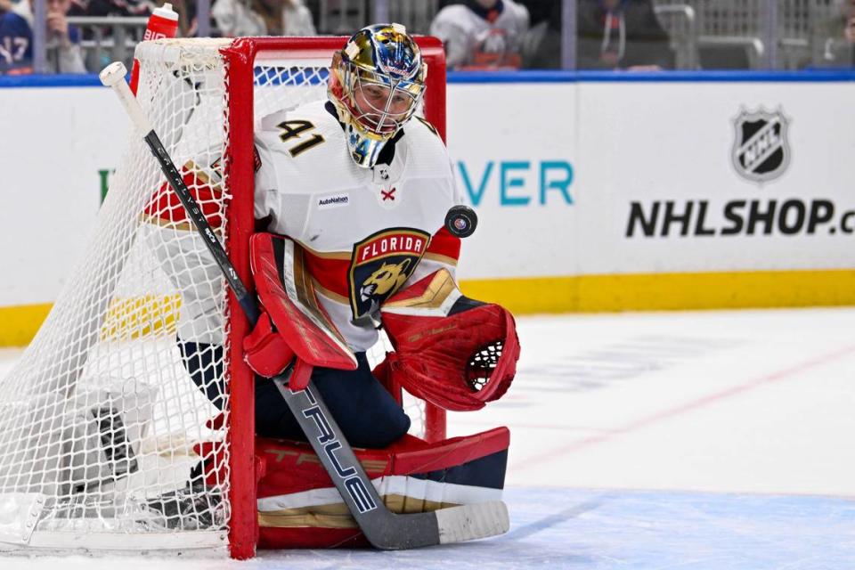 Jan 27, 2024; Elmont, New York, USA; Florida Panthers goaltender Anthony Stolarz (41) makes a save against the New York Islanders during the second period at UBS Arena.