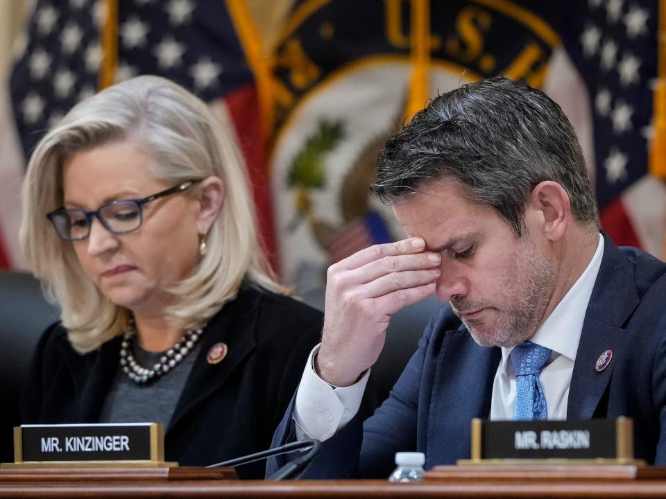 Republican Reps. Liz Cheney of Wyoming and Adam Kinzinger of Illinois at a January 6 committee hearing on December 1, 2021.