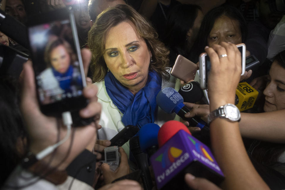 Sandra Torres, presidential candidate of the National Unity of Hope party, UNE, arrives to Electoral Court center in Guatemala City, Monday, June 17, 2019. Torres, a former first lady led early results from Guatemala's presidential election, although a second round of voting is expected to determine who will oversee this Central American nation. (AP Photo/Moises Castillo)