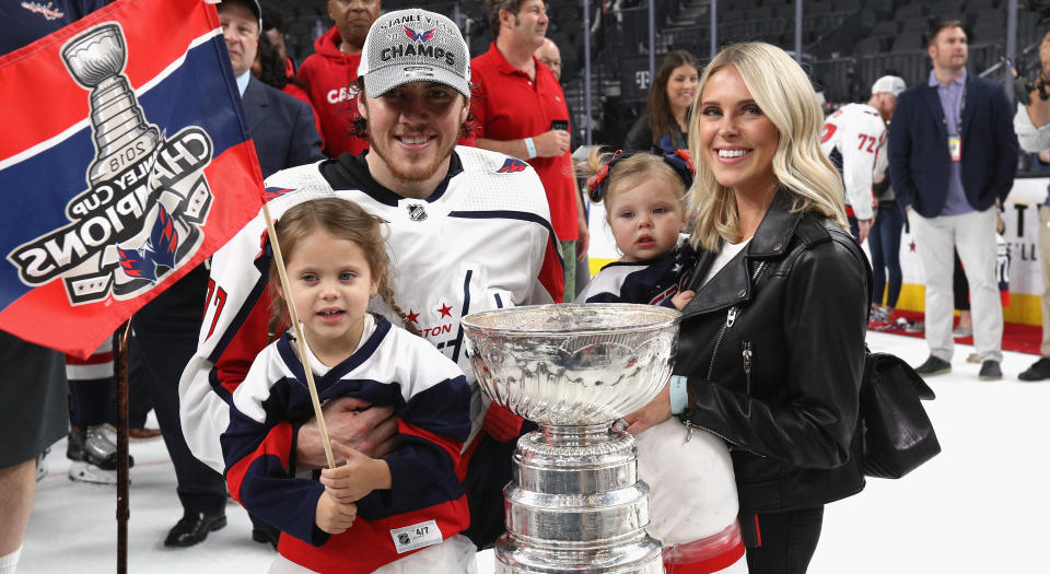 T.J. Oshie made sure some teammates who were not given a day with the Cup, got some time with the trophy. (Photo by Dave Sandford/NHLI via Getty Images)