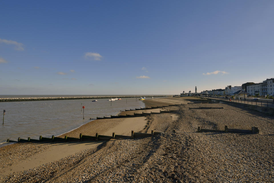 Photograph taken at an altitude of Eleven metres on a winter morning in February besides Herne Bay Pier opposite the central Parade, on the south-east of the Thames Estuary,  CT6 5JN, Kent in England.