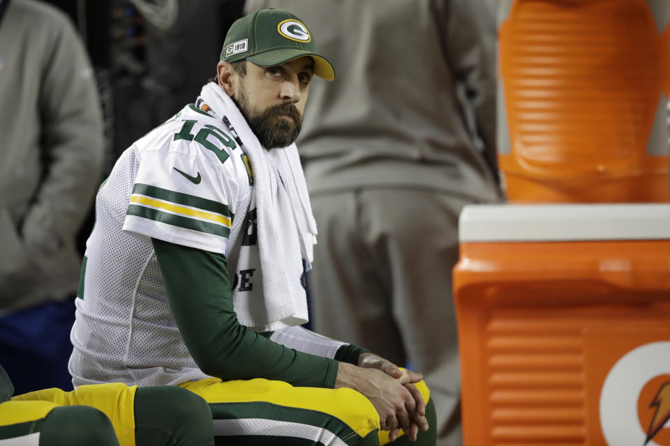 Green Bay Packers quarterback Aaron Rodgers (12) sits on the bench during the second half of the NFL NFC Championship football game against the San Francisco 49ers Sunday, Jan. 19, 2020, in Santa Clara, Calif. (AP Photo/Ben Margot)