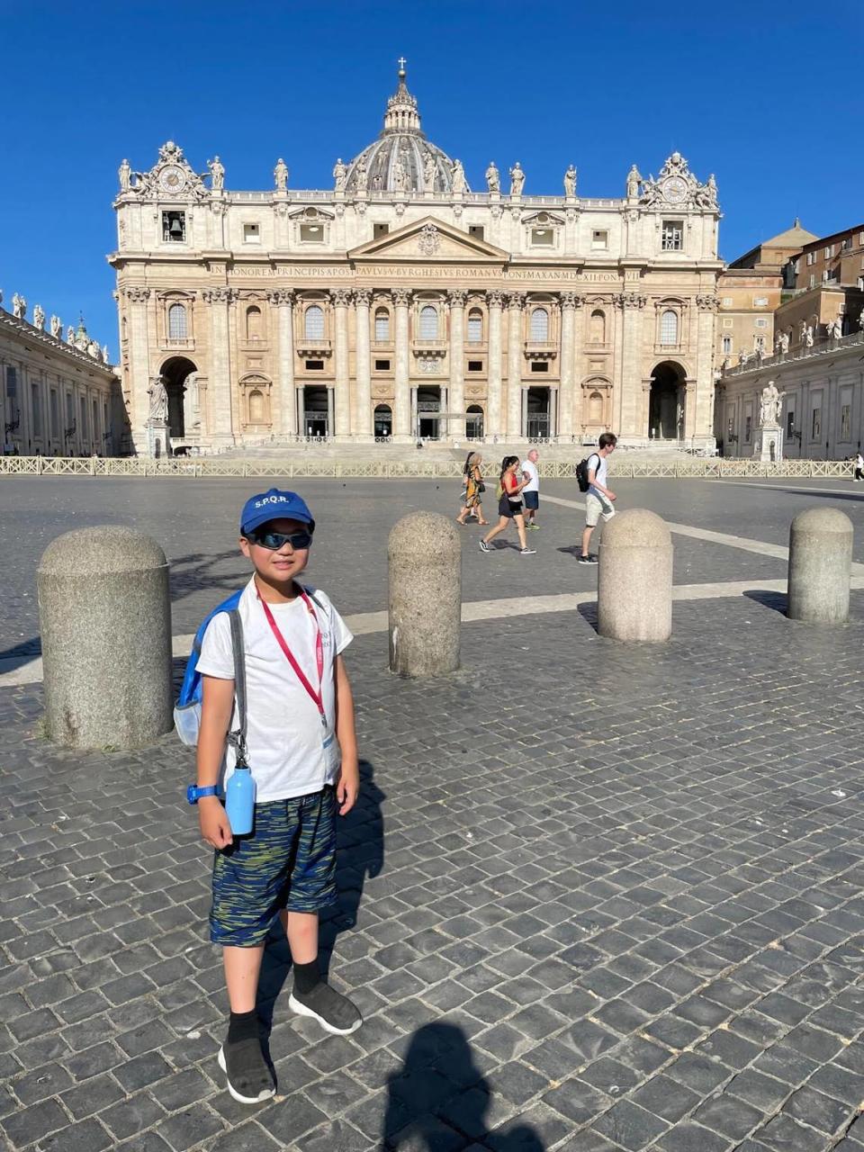 Augustine Wang-Zhao, a 9-year-old student at Bishop’s Peak Elementary School, competed in the International History Olympiad in Rome in August, placing fifth in the International History Bowl and second in the Hextathlon. Here, he’s pictured outside St. Peter’s Basilica at the Vatican.