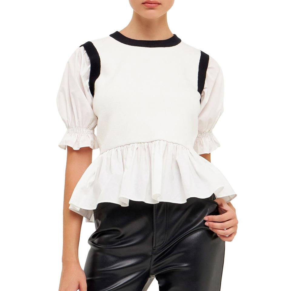 ENGLISH FACTORY Mixed Media Puff Sleeve Peplum Top