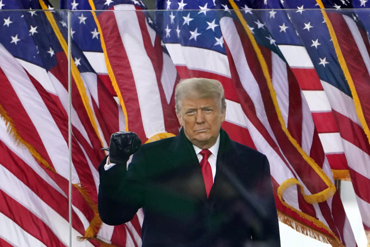 President Trump gestures as he arrives to speak at a rally in Washington, D.C., on Jan. 6, 2021.