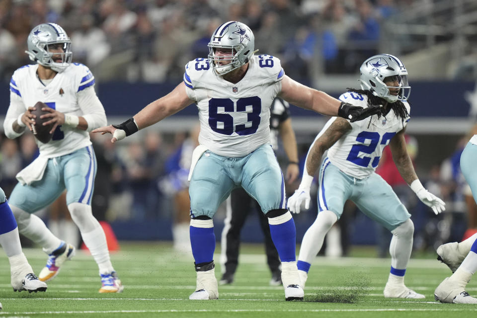 FILE - Dallas Cowboys center Tyler Biadasz (63) protects the pocket during an NFL football game against the Seattle Seahawks, Thursday, Nov. 30, 2023, in Dallas, Texas. The Washington Commanders have agreed to deals with center Tyler Biadasz and defensive lineman Dorance Armstrong, according to two people familiar with the agreements. The people spoke to The Associated Press on condition of anonymity Monday, March 11, 2024, because the contracts cannot be made official until the new league year opens Wednesday. (AP Photo/Peter Joneleit, File)