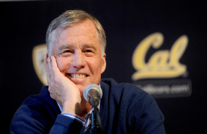 Mike Montgomery, head coach of the California basketball team, discusses his retirement during a news conference Monday, March 31, 2014, in Berkeley, Calif. Montgomery’s departure comes after 32 years as a collegiate head coach at 677 career victories according to Cal’s athletics department. (AP Photo/Noah Berger)