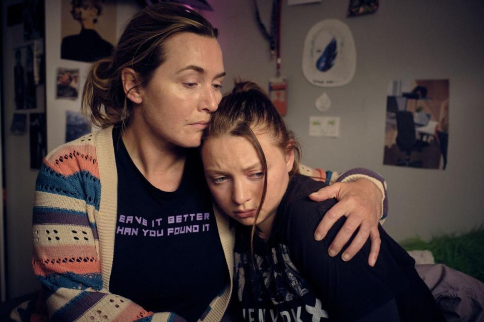 Winslet, pictured with daughter Mia Threapleton in Mare Of Easttown, said the show’s director wanted to airbrush her ‘bulgy bit of belly’ (PA Media)