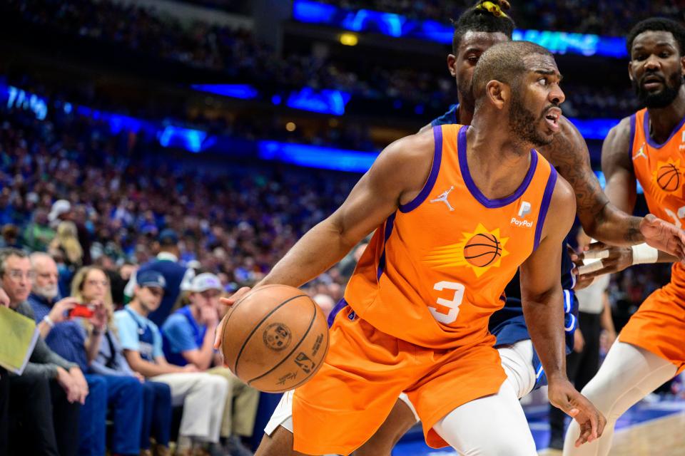 May 8, 2022; Dallas, Texas, USA; Phoenix Suns guard Chris Paul (3) controls the ball in the Dallas Mavericks zone during the second quarter during game four of the second round for the 2022 NBA playoffs at American Airlines Center.