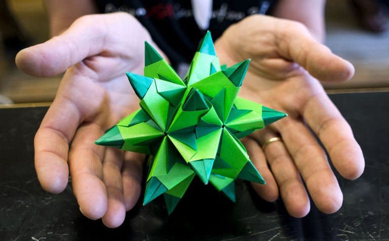 A finished Bascetta Star pictured during an Origami class at the Origami Convention 2013 at the Fashion Institute of technology in New York, June 22, 2013. Hundreds of enthusiasts gathered in New York over the weekend for a convention celebrating origami, the ancient Asian art of paper folding, as the craft gains increasing recognition as serious art in the West