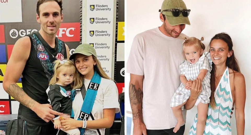 These images show AFL star Jeremy Finlayson, his wife Kellie and their daughter Sophia.