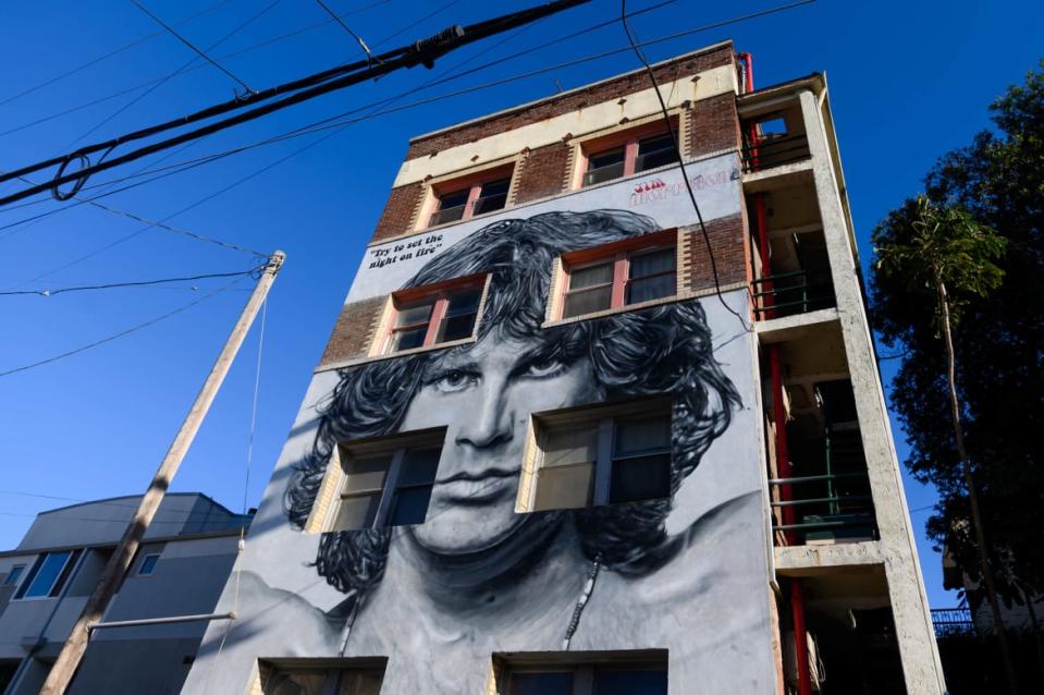 <div class="inline-image__caption"><p>A mural of Jim Morrison by Jonas Never aka @never1959 is seen at the Ellison estates in Venice on March 01, 2021, in Los Angeles, California.</p></div> <div class="inline-image__credit">Emma McIntyre/Getty</div>