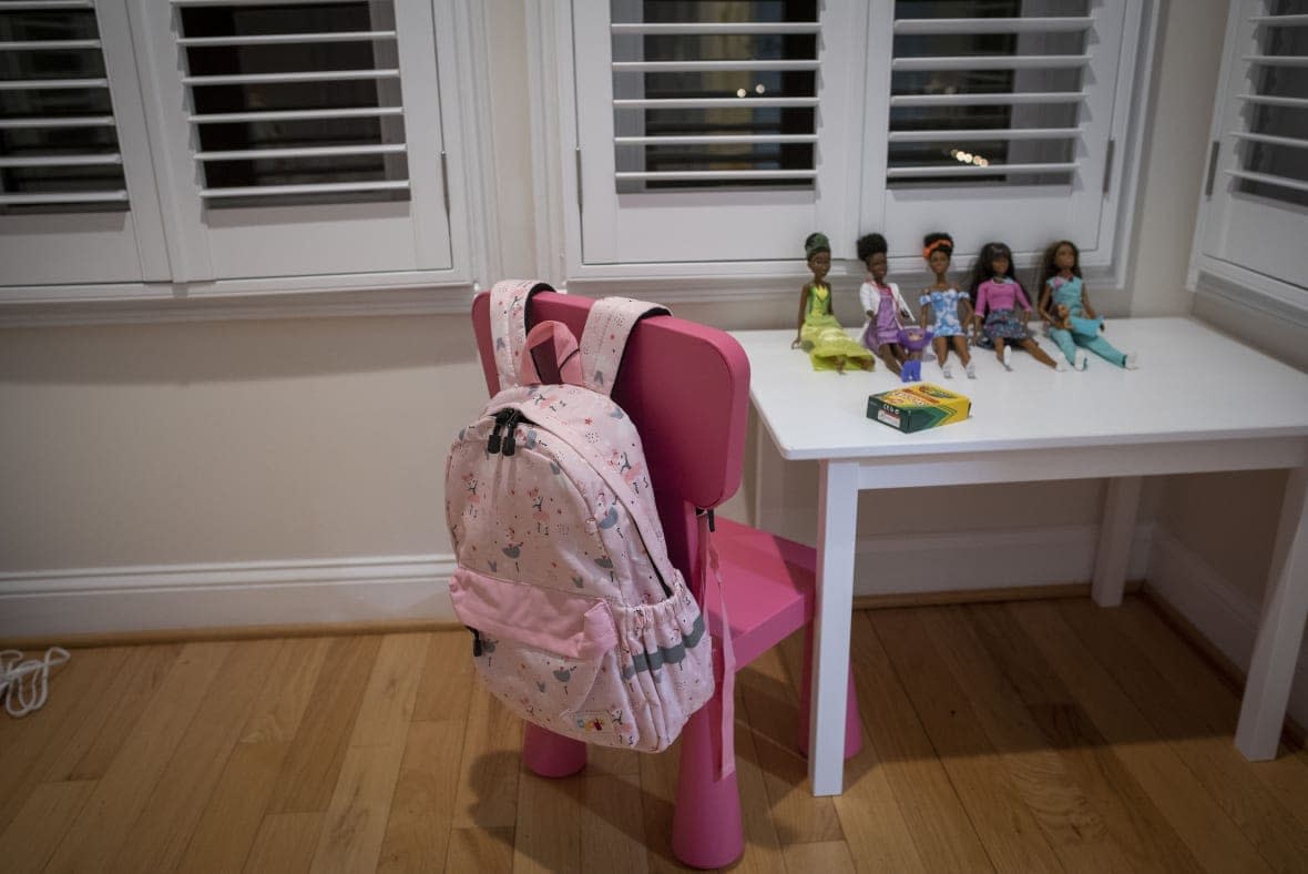 Dolls and a backpack sit in the bedroom set up for Gina, a six-year-old Haitian girl who has been adopted by Bryan and Julie Hanlon, to use when she arrives to their home in Washington D.C., Tuesday, Feb. 7, 2023. (AP Photo/Cliff Owen)