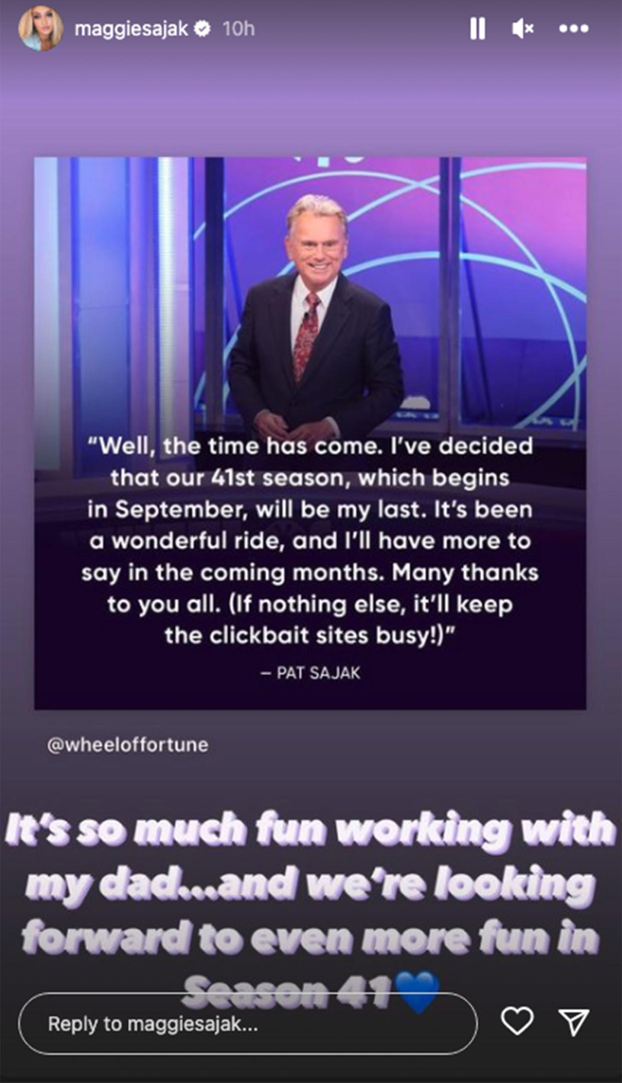 Pat Sajak's daughter, Maggie, reacts to the news he's leaving 