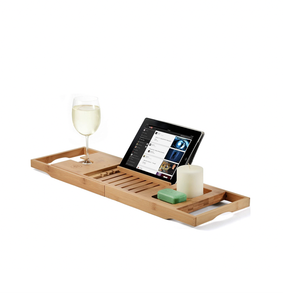 9) Bamboo Bathtub Tray Caddy with Wine Holder