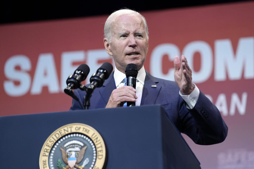 President Joe Biden speaks at the National Safer Communities Summit at the University of Hartford in West Hartford, Conn., Friday, June 16, 2023. The summit is attended by gun safety advocates, local leaders and families impacted by gun violence. (AP Photo/Susan Walsh)