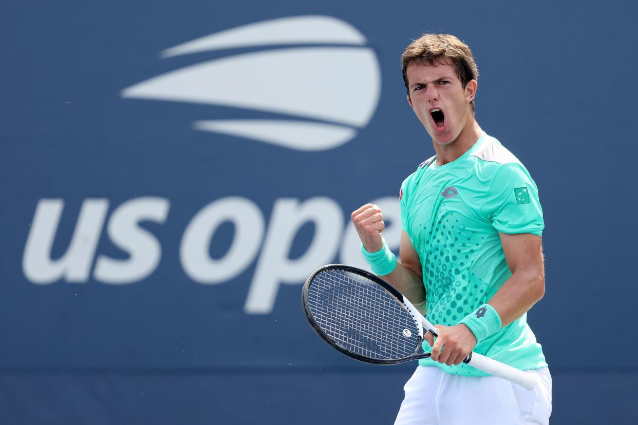 Gilles Arnaud Bailly of Belgium reacts against Gianluca Ballotta of Peru during their Junior Boy's Singles First Round match on Day Seven of the 2022 U.S. Open at USTA Billie Jean King National Tennis Center on Sept. 4, 2022, in Flushing, Queens.
