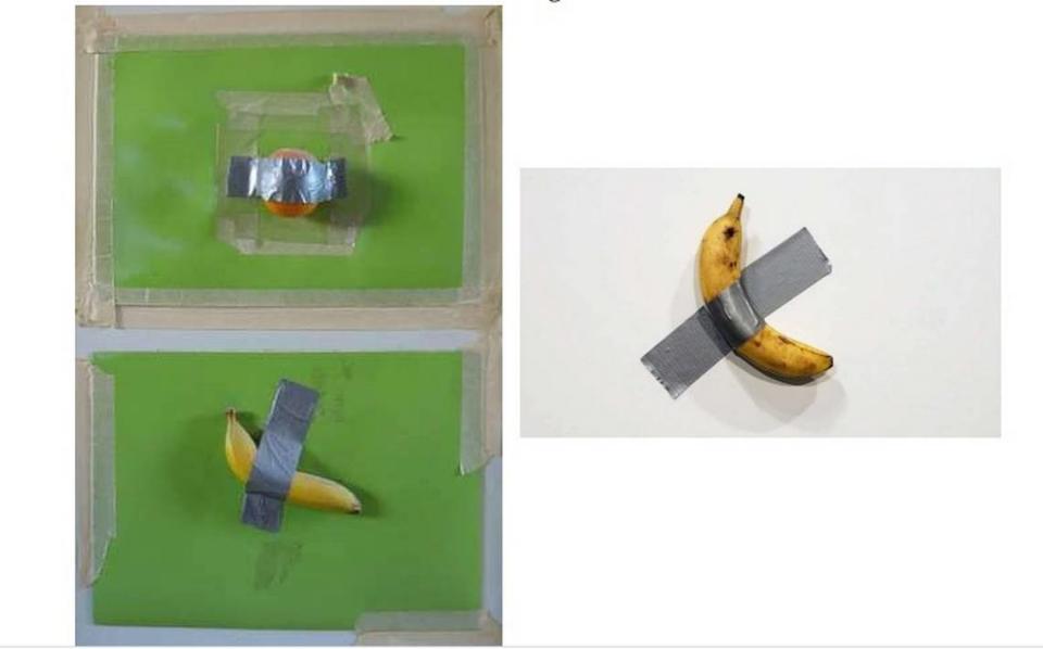 On the left, “Banana & Orange” by Joe Morford. On the right, “Comedian” by Maurizio Cattelan.