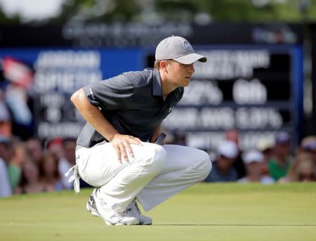 May 28, 2016; Fort Worth, TX, USA; Jordan Spieth lines up his putt on the 17th hole during the third round of the 2016 Dean & Deluca Invitational. at Colonial Country Club. Mandatory Credit: Erich Schlegel-USA TODAY Sports