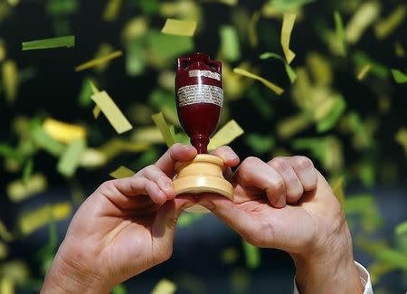 File photo of Australia captain Michael Clarke as he holds up the "Replica Ashes Urn" after they won the fifth Ashes cricket test against England at the Sydney Cricket Ground January 5, 2014. REUTERS/David Gray