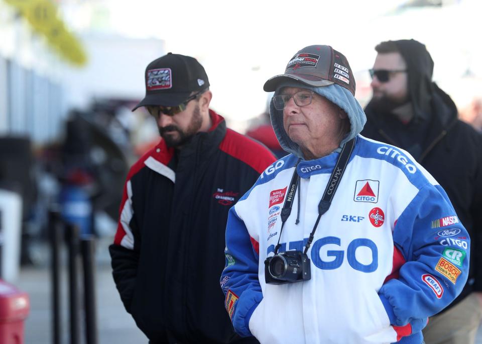 Race fans brave the cold and a strong wind as they check out the garage area, Sunday, January 21, 2024 on the final day of the Roar Before the 24 at Daytona International Speedway.