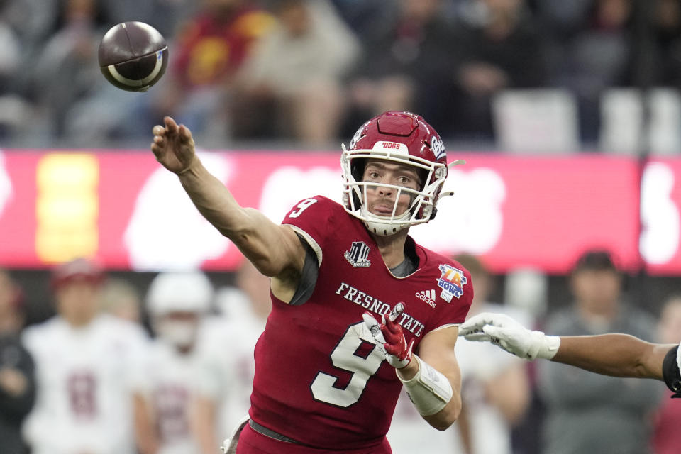 Fresno State quarterback Jake Haener (9) throws during the second half of the LA Bowl against Washington State in Inglewood, Calif., Saturday, Dec. 17, 2022. (AP Photo/Ashley Landis)