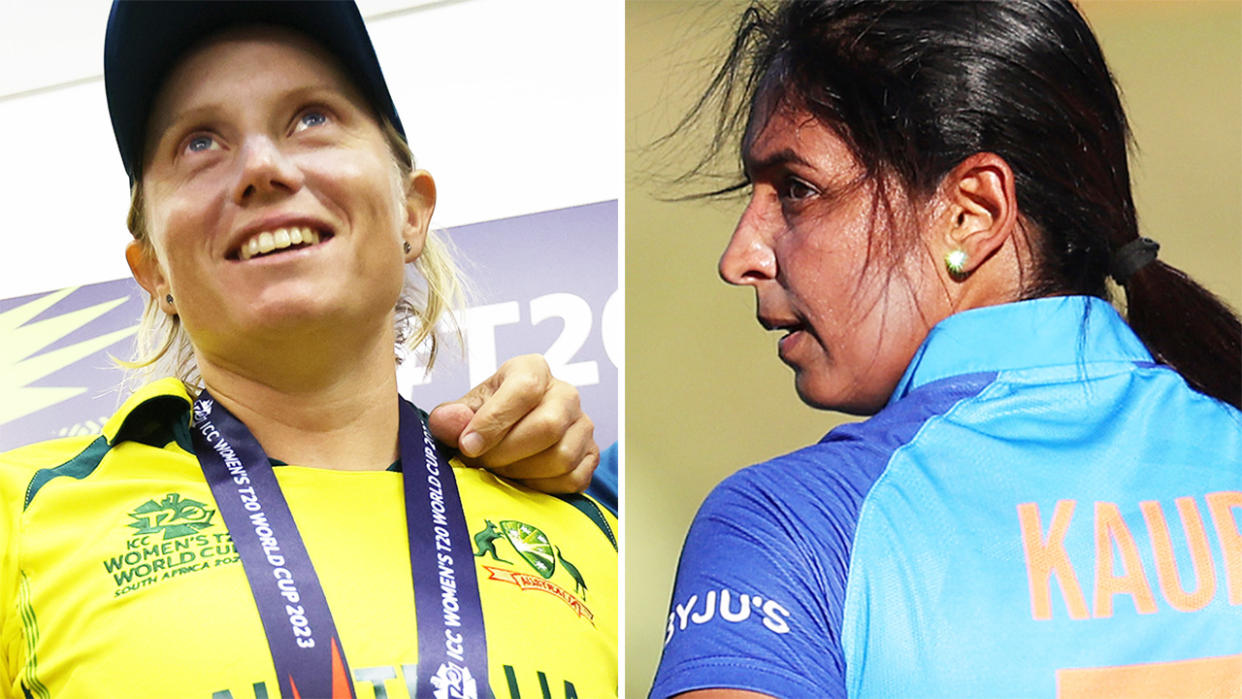 Alyssa Healy and Harmanpreet Kaur, pictured here at the T20 World Cup.