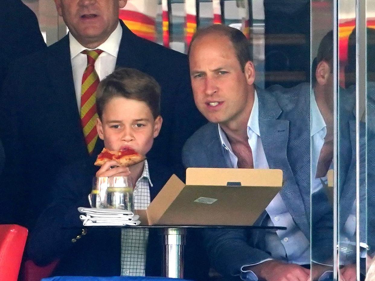 Prince William and Prince George watch from the box during day four of the second Ashes test match at Lord's, London on Saturday July 1, 2023.