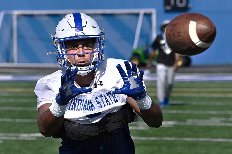 Indiana State wide receiver Dante Hendrix, shown taking part in a drill in August, had a standout performance Saturday against the top-ranked FCS team, North Dakota State University.