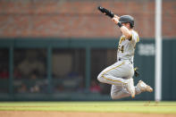 Pittsburgh Pirates' Tyler Heineman steals second base in the fifth inning of a baseball game against the Atlanta Braves, Saturday, June 11, 2022, in Atlanta. (AP Photo/Hakim Wright Sr.)