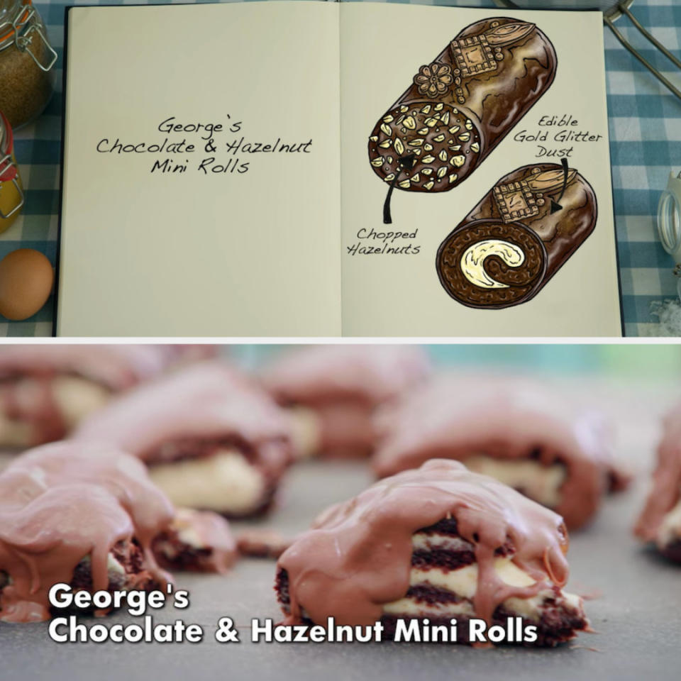 George's mini rolls decorated with edible gold glitter dust and chopped hazelnuts side by side with their drawing