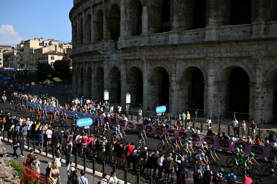 ROME ITALY  MAY 28 A general view of the peloton competing  close to the The Colosseum during the 106th Giro dItalia 2023 Stage 21 a 126km stage from Rome to Rome  UCIWT  on May 28 2023 in Rome Italy Photo by Stuart FranklinGetty Images