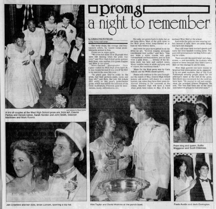 In May 1984, the News Sentinel reported on current prom trends alongside photos from the West High School prom, which was one of the earliest to be held that spring.