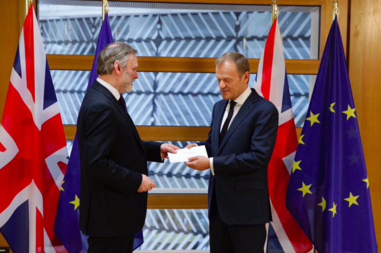 Sir Tim Barrow hands the letter triggering Article 50 to Donald Tusk