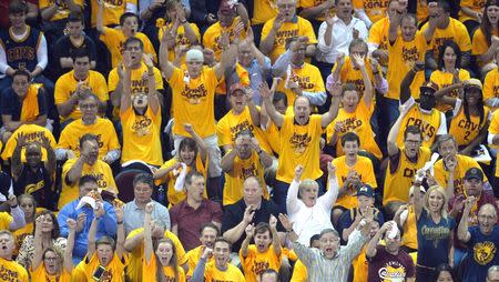 May 25, 2016; Cleveland, OH, USA; Fans react in the first quarter in game five of the Eastern conference finals of the NBA Playoffs between the Toronto Raptors and the Cleveland Cavaliers at Quicken Loans Arena. Mandatory Credit: David Richard-USA TODAY Sports