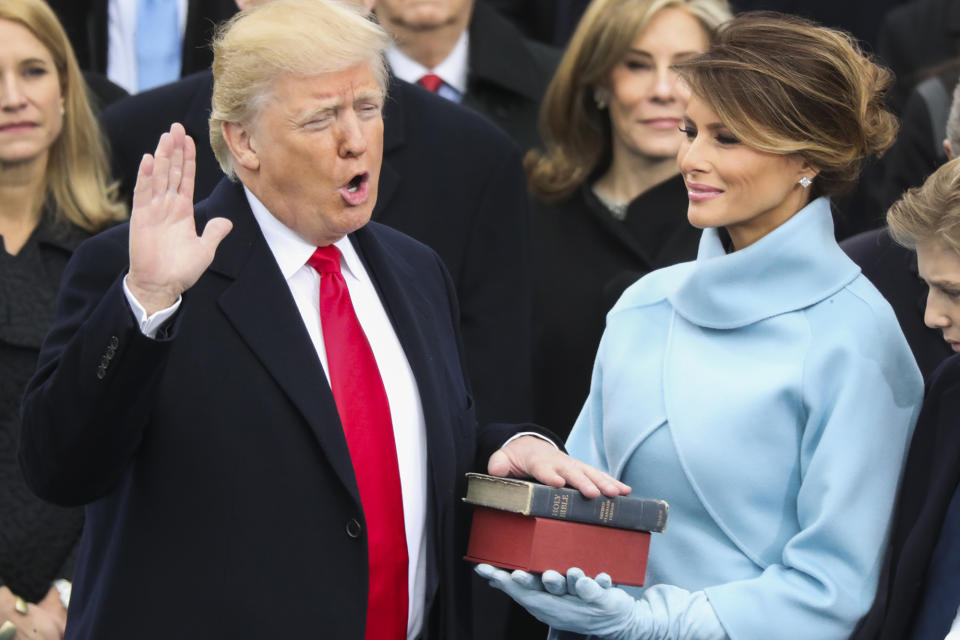 <p>Donald Trump is sworn in as the 45th president of the United States as Melania Trump looks on during the 58th Presidential Inauguration at the U.S. Capitol in Washington, Friday, Jan. 20, 2017. (Photo: Andrew Harnik/AP) </p>