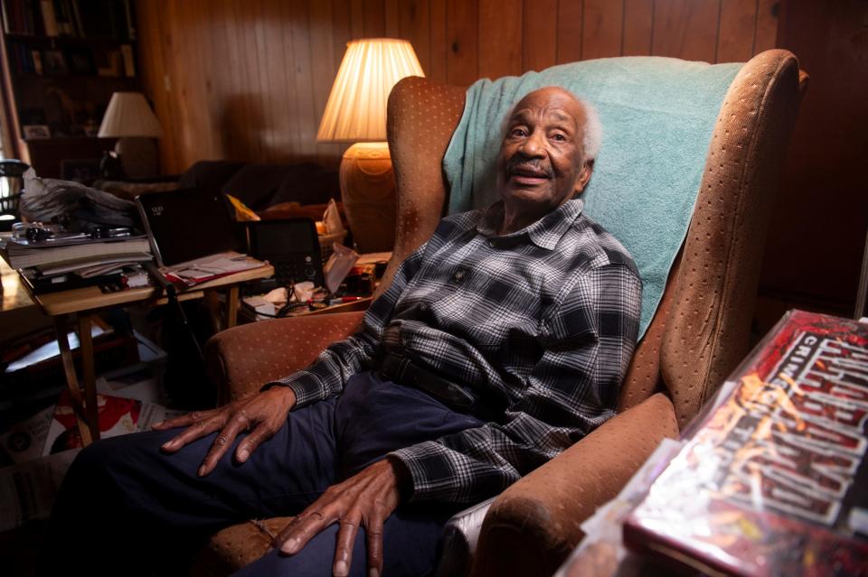 W.J. Williams poses for a photo in his home in Montgomery, Ala., on Friday, Jan. 19, 2024. Williams turned 100 on Jan. 18.