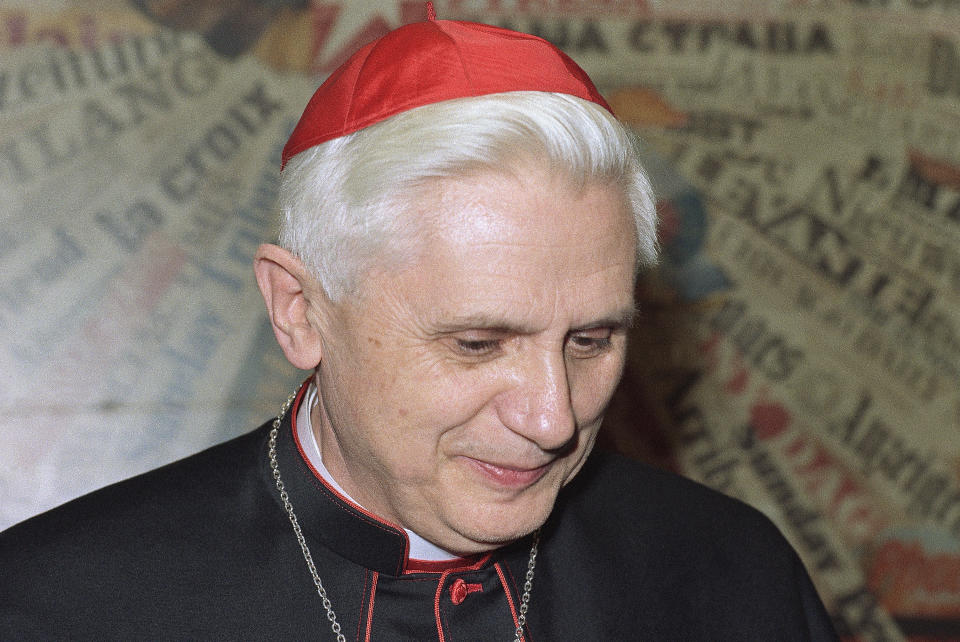 FILE - German Cardinal Joseph Ratzinger, Head of the Congregation for the Doctrine of the Faith, arrives at the Foreign Press Club in Rome, on March 16 1987, to present the book 'Toward the Third Millennium under the Action of the Holy Spirit.' When Cardinal Joseph Ratzinger became Pope Benedict XVI and was thrust into the footsteps of his beloved and charismatic predecessor, he said he felt a guillotine had come down on him. The Vatican announced Saturday Dec. 31, 2022 that Benedict, the former Joseph Ratzinger, had died at age 95. (AP Photo/Giulio Broglio, File)
