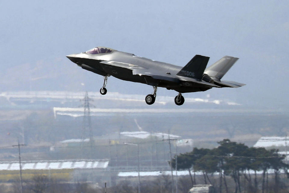 FILE - In this March 29, 2019, photo, a U.S. F-35A fighter jet prepares to land at Chungju Air Base in Chungju, South Korea. The White House says Turkey can no longer be part of the American F-35 fighter jet program. In a written statement, the White House said Wednesday that Turkey’s decision to buy the Russian S-400 air defense system “renders its continued involvement with the F-35 impossible.” (Kang Jong-min/Newsis via AP)