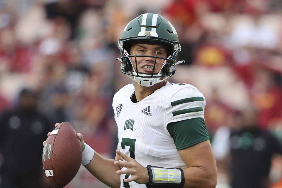 FILE - Ohio quarterback Kurtis Rourke (7) plays during an NCAA college football game, Saturday, Sept. 17, 2022, in Ames, Iowa. Last season, Ohio quarterback Kurtis Rourke had the Bobcats on the cusp of winning their first Mid-American Conference crown since 1968. Then he tore his anterior cruciate ligament and Ohio lost its fifth league championship game. Nine months later, the MAC's reigning offensive player of the year is nearing the end of his rehab schedule and about to start a new quest. (AP Photo/Justin Hayworth, File)