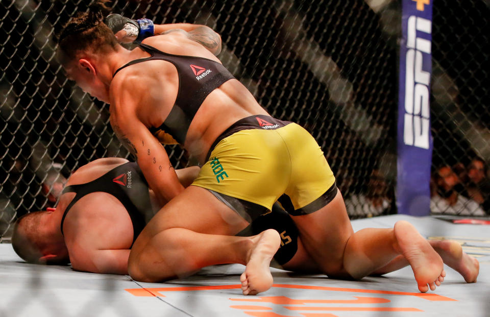 Jessica Andrade of Brazil knocks out Rose Namajunas of USA in their women's strawweight championship bout during the UFC 237 event at Jeunesse Arena on May 11, 2019 in Rio de Janeiro, Brazil. (Photo by Alexandre Schneider/Getty Images)