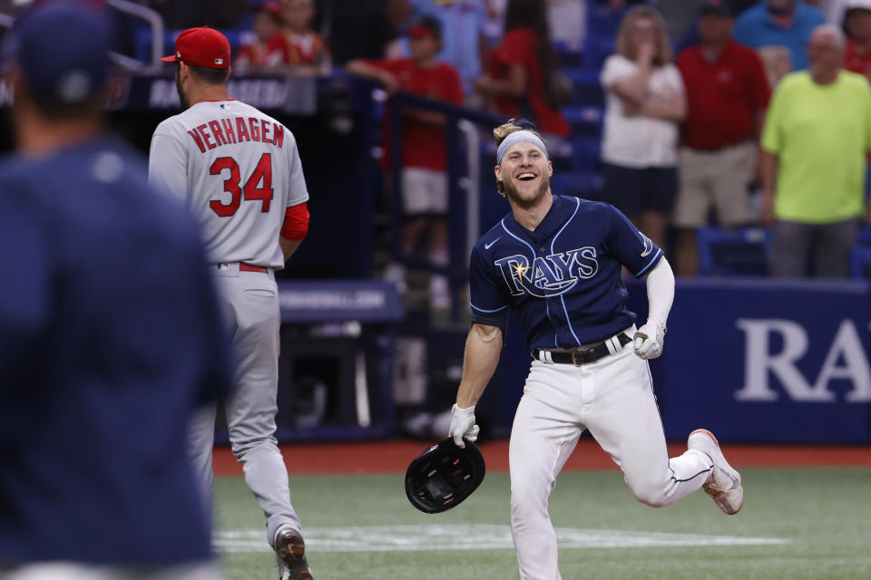 Tampa Bay Rays' Taylor Walls smiles after hitting a game-ending home run against the St. Louis Cardinals during the 10th inning of a baseball game Tuesday, June 7, 2022, in St. Petersburg, Fla. (AP Photo/Scott Audette)