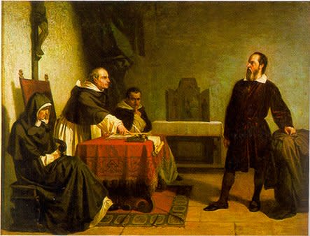 義大利畫家克里斯蒂亞諾．班蒂（ Cristiano Banti）在1857年所繪的《伽利略受審》（Galileo facing the Roman Inquisition）（取自Wikipedia）