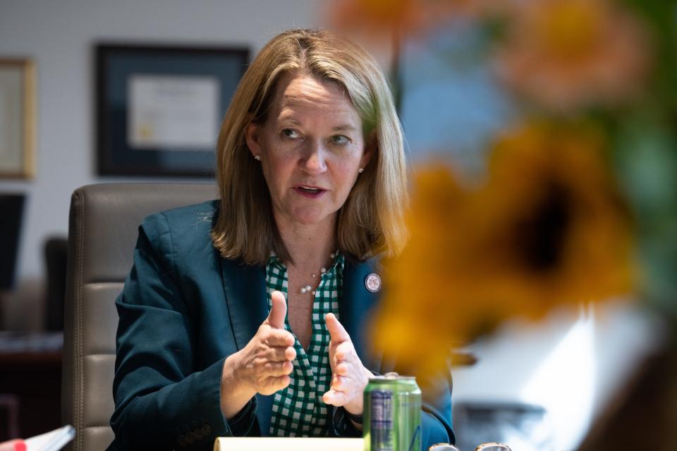 Attorney General Kris Mayes answers questions during an interview on March 14, 2023, in her office at 2005 N. Central Avenue in Phoenix.