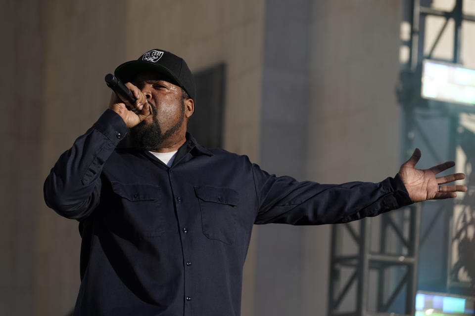 Rapper Ice Cube performs during a NASCAR exhibition auto race at Los Angeles Memorial Coliseum, Sunday, Feb. 6, 2022, in Los Angeles. (AP Photo/Marcio Jose Sanchez)